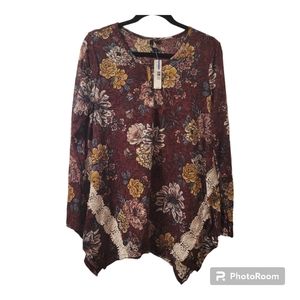 New Directions sangria casual hi low floral long sleeve top size XL